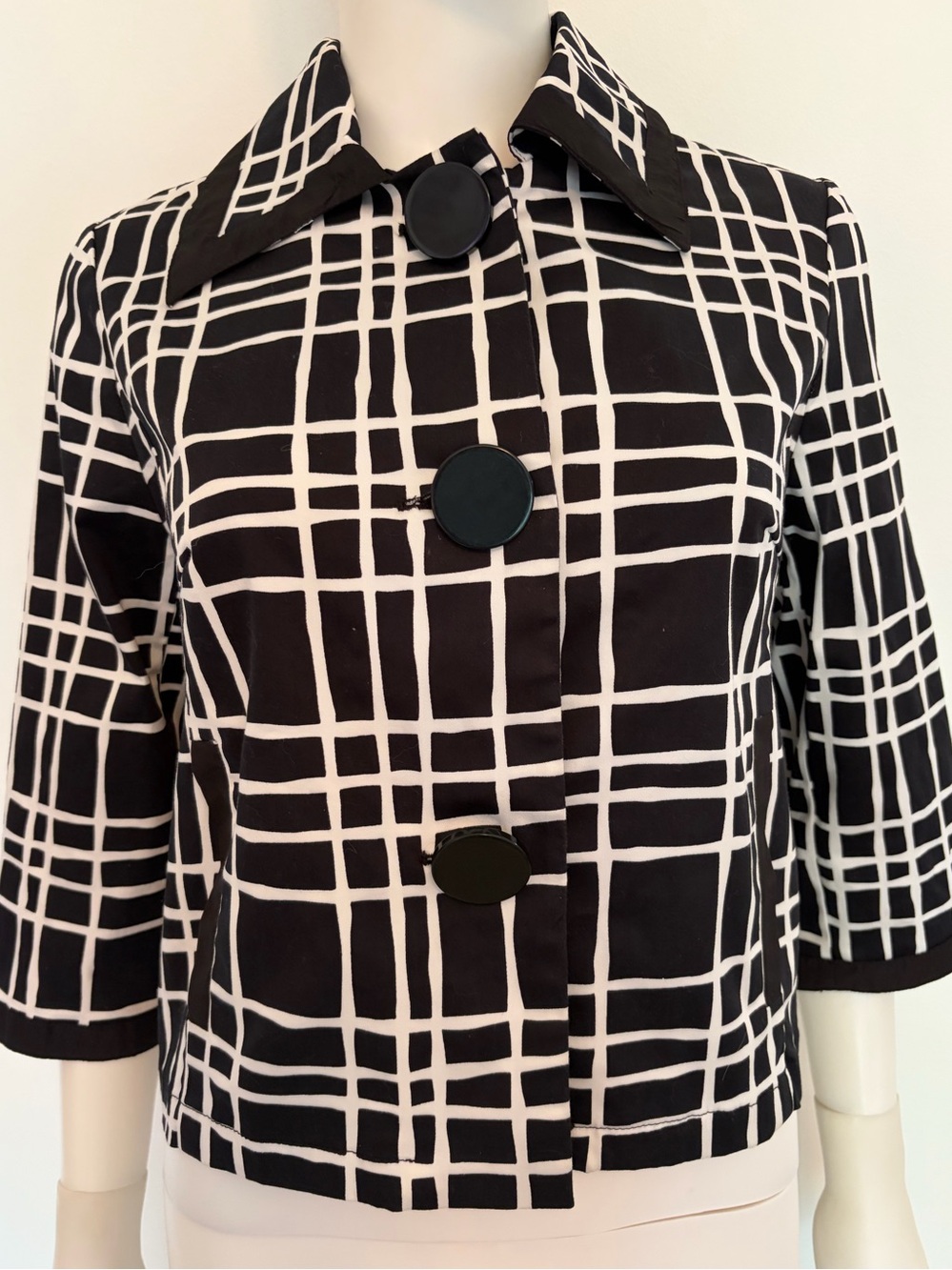 #725 Sherry Taylor Black & White Grid Short Blazer with Statement Buttons